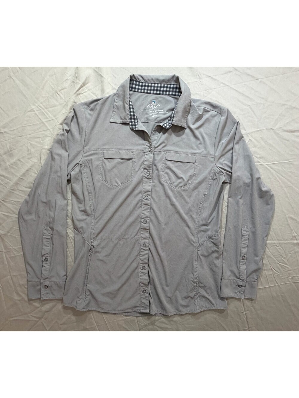 Kuhl Womens M Gray Long Sleeve Hiking Shirt Roll Tab Zip Pocket Outdoor
